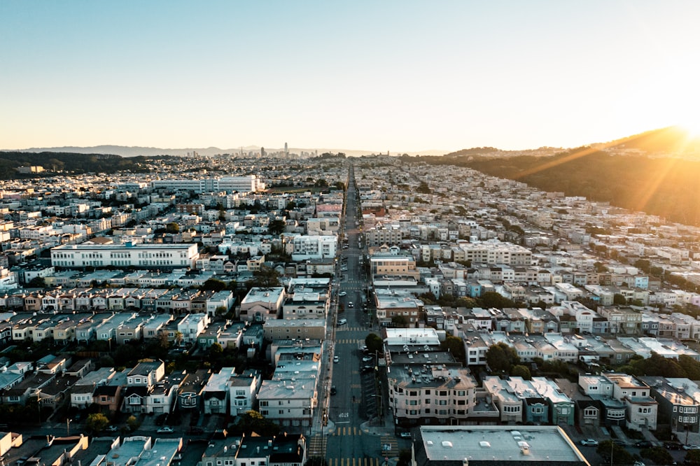 an aerial view of a city with lots of buildings