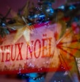 a close up of a sign on a christmas tree