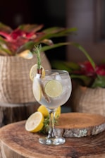 A cocktail glass filled with a clear beverage garnished with lime slices, a cinnamon stick, and a sprig of rosemary. The drink is placed on a wooden surface, accompanied by a sliced lemon. In the background, there are woven baskets and red flowers.