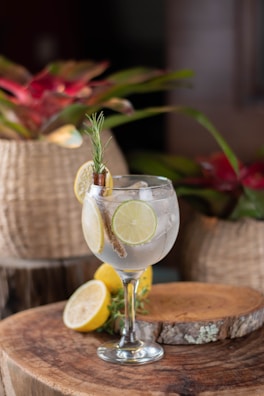 A cocktail glass filled with a clear beverage garnished with lime slices, a cinnamon stick, and a sprig of rosemary. The drink is placed on a wooden surface, accompanied by a sliced lemon. In the background, there are woven baskets and red flowers.