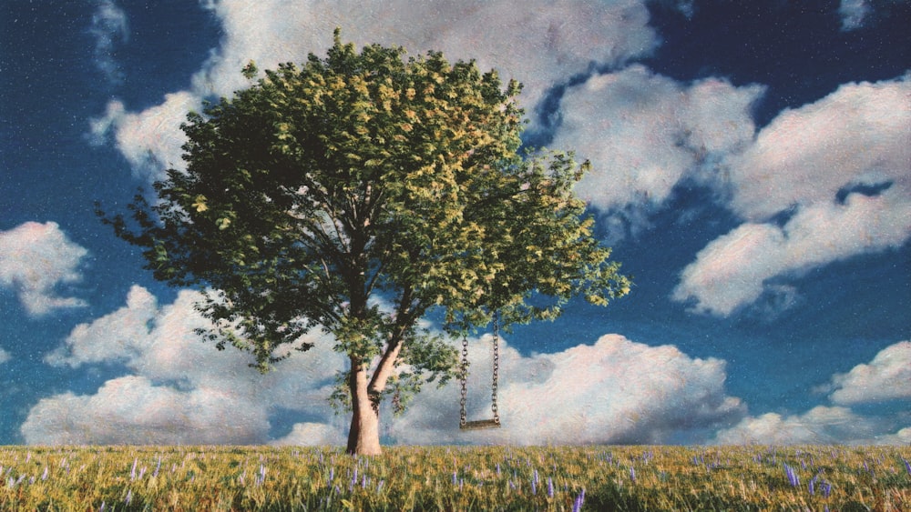 a painting of a tree with a swing hanging from it