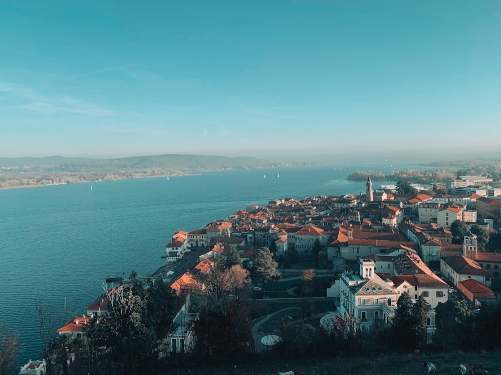 an aerial view of a city by the water