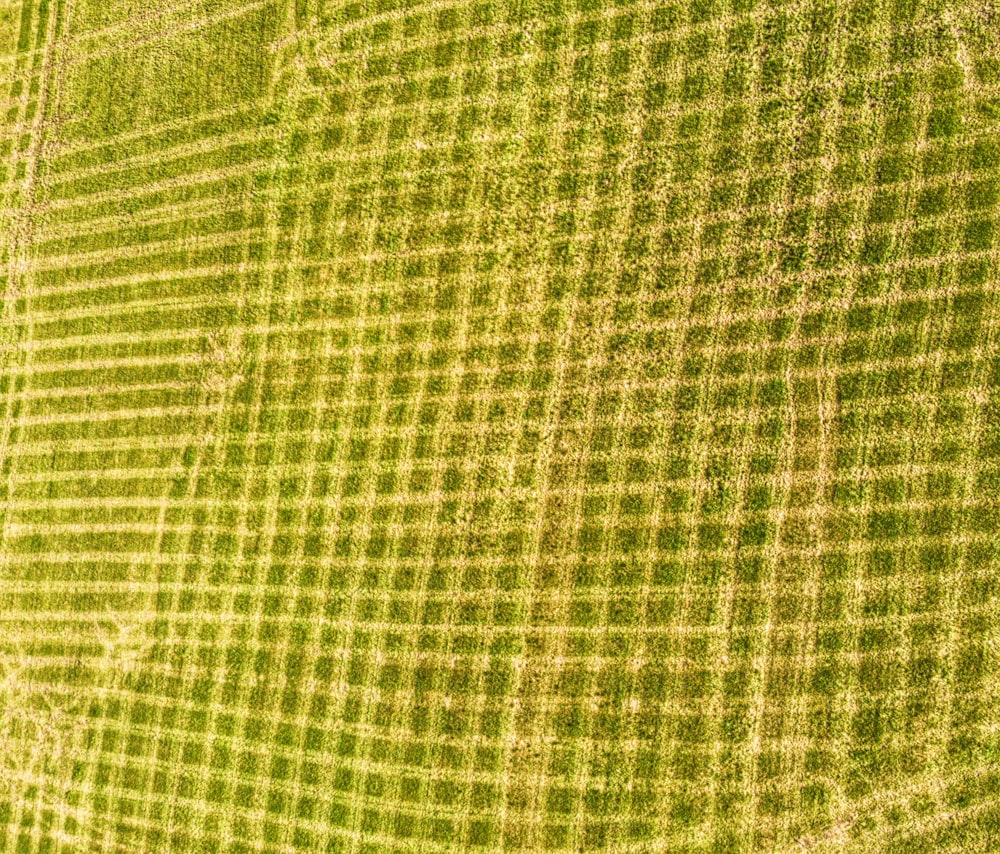 an aerial view of a green field with a plane in the distance