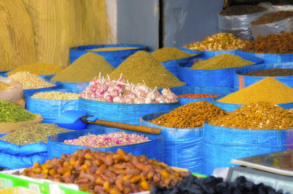 a bunch of bags filled with different types of food