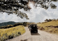 A dirt road winds through a scenic landscape with rolling hills and abundant greenery. A vehicle travels along the path, casting a shadow due to the backlit sun. Trees with overhanging branches frame the scene, adding a touch of natural beauty. The sky is partially cloudy, with sunlight streaming through, creating a warm and inviting atmosphere.