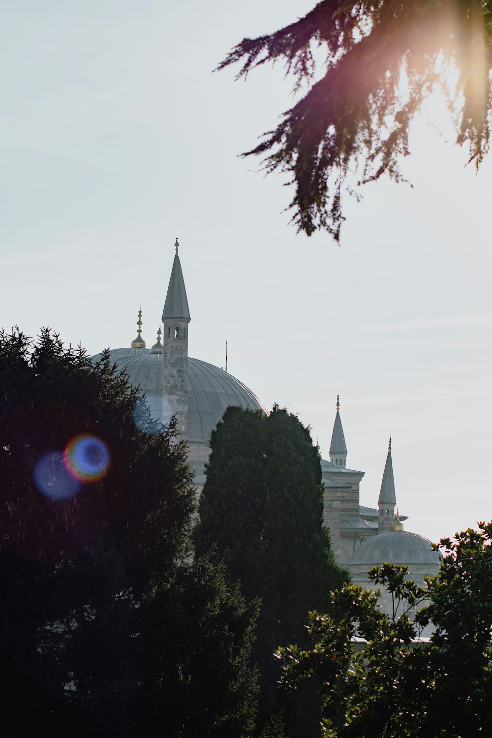 a view of a building through the trees