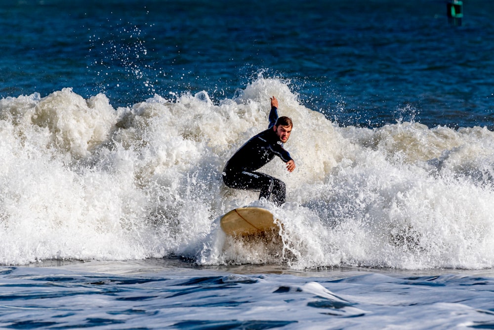 a man riding a wave on top of a surfboard
