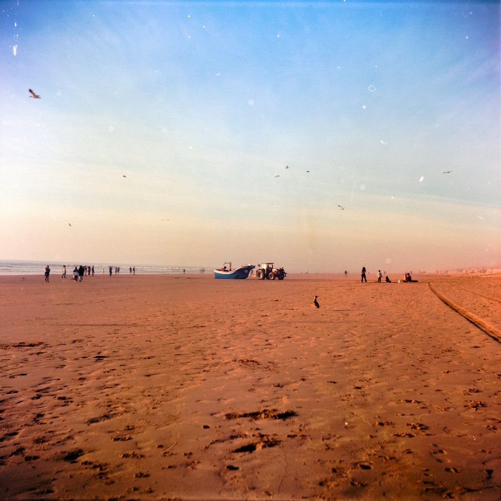 a group of people standing on top of a sandy beach