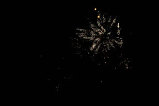 Bright fireworks bursting over a romantic outdoor wedding setting at dusk.