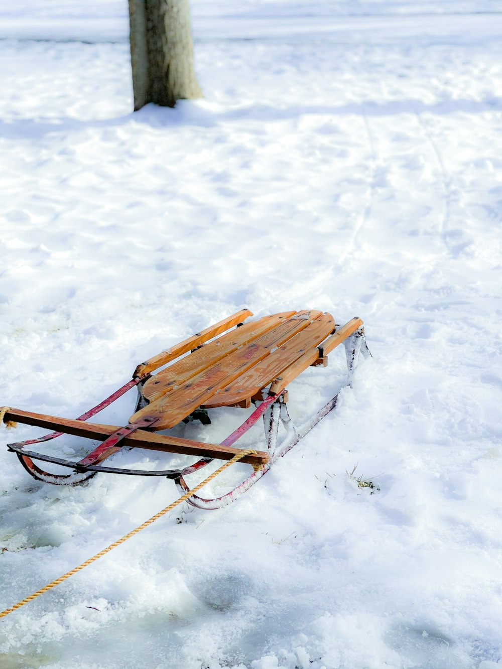 einen Schlitten mit einem Holzschlitten, der im Schnee befestigt ist