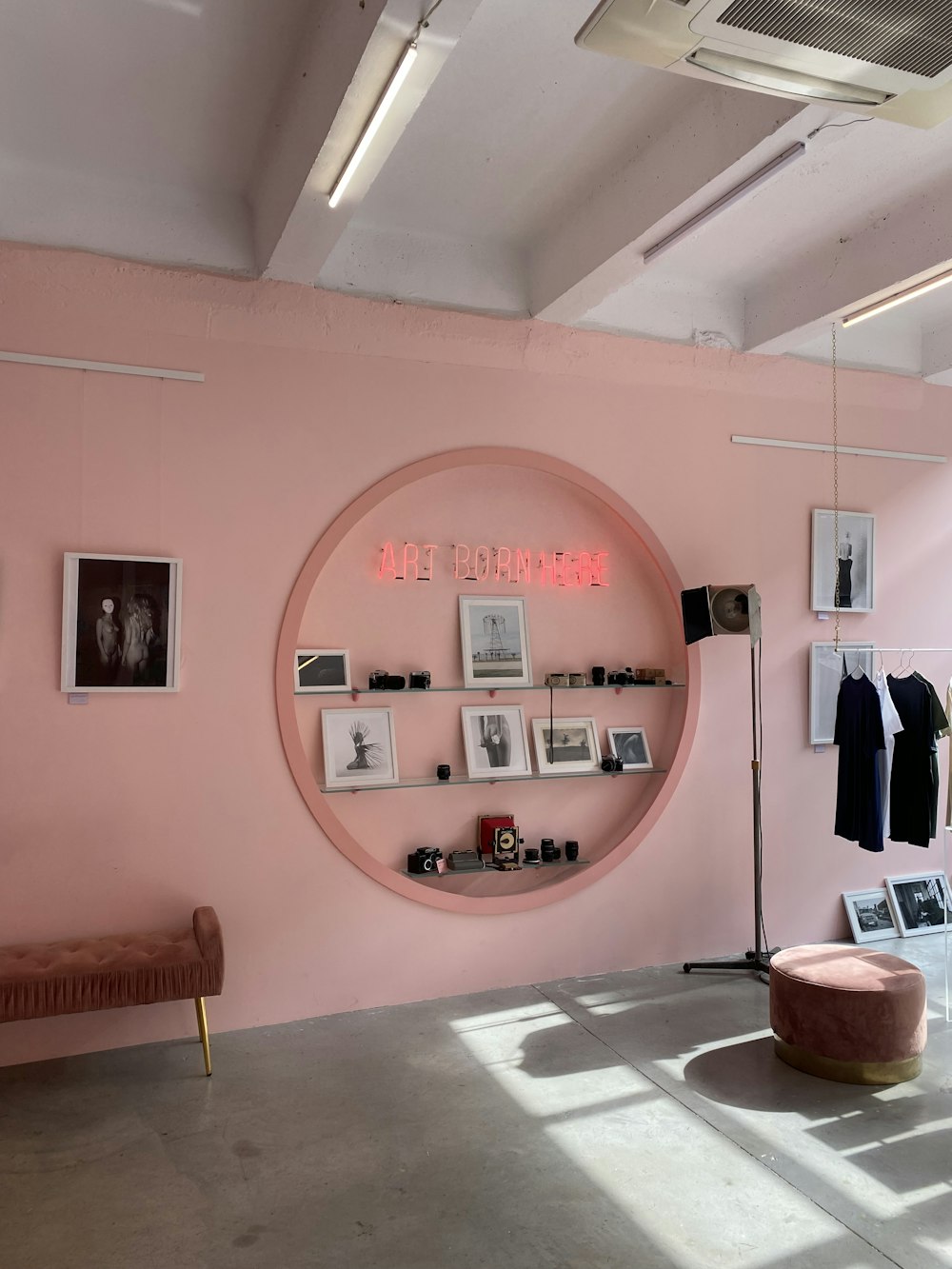 a room with a pink wall and a circular shelf