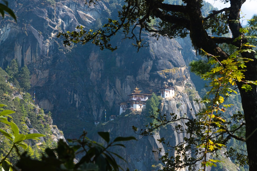 a view of a mountain with a building on top of it