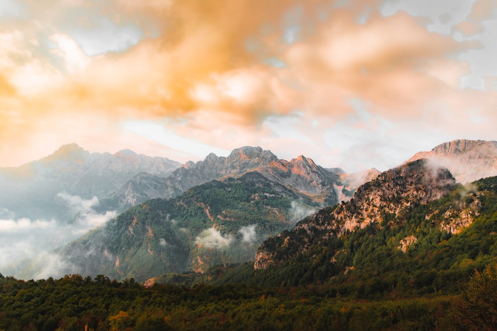 Las montañas están cubiertas de nubes y árboles