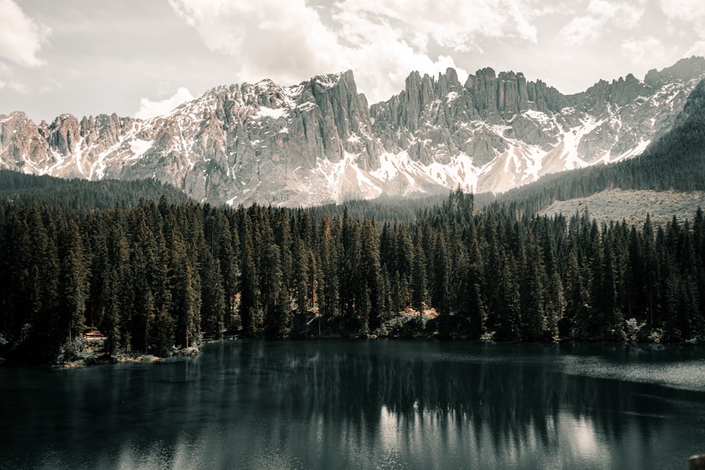 a lake surrounded by mountains and pine trees