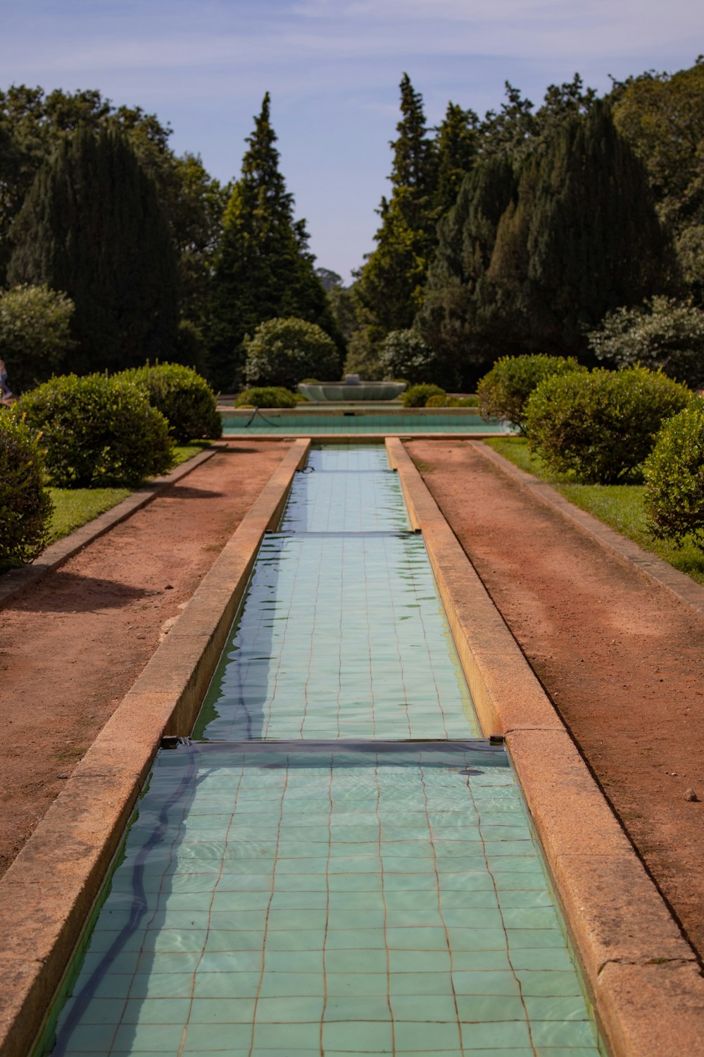 uma longa piscina de água no meio de um jardim