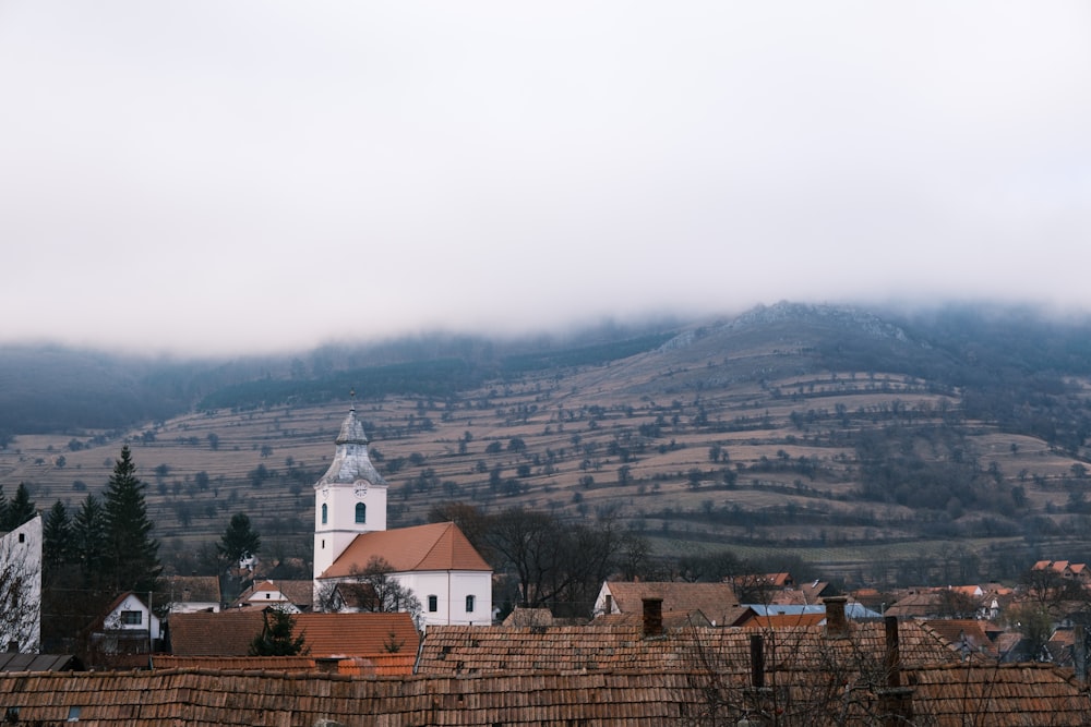 a view of a town with a mountain in the background