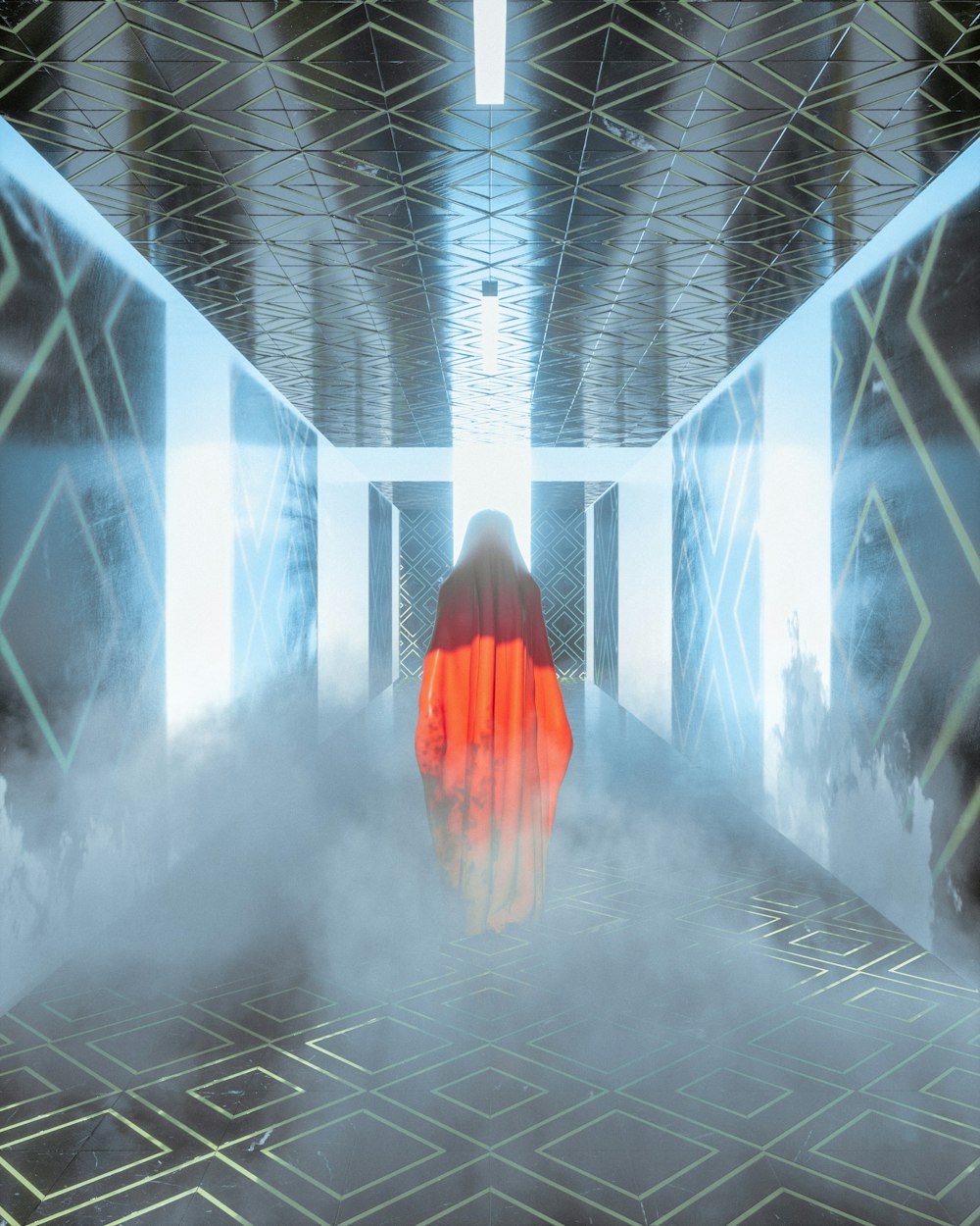 a man in a red cloak is walking through a foggy hallway