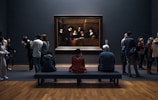 a group of people standing around a museum looking at a painting