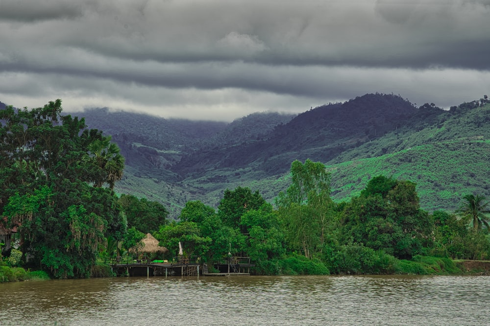 a body of water surrounded by trees and mountains