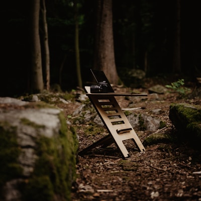 a wooden bench sitting in the middle of a forest