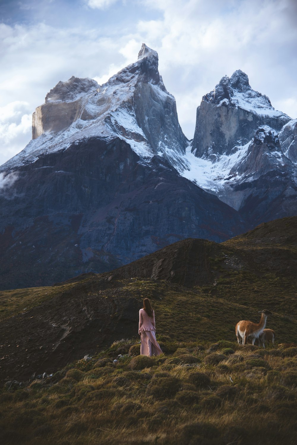 a woman standing on top of a lush green hillside