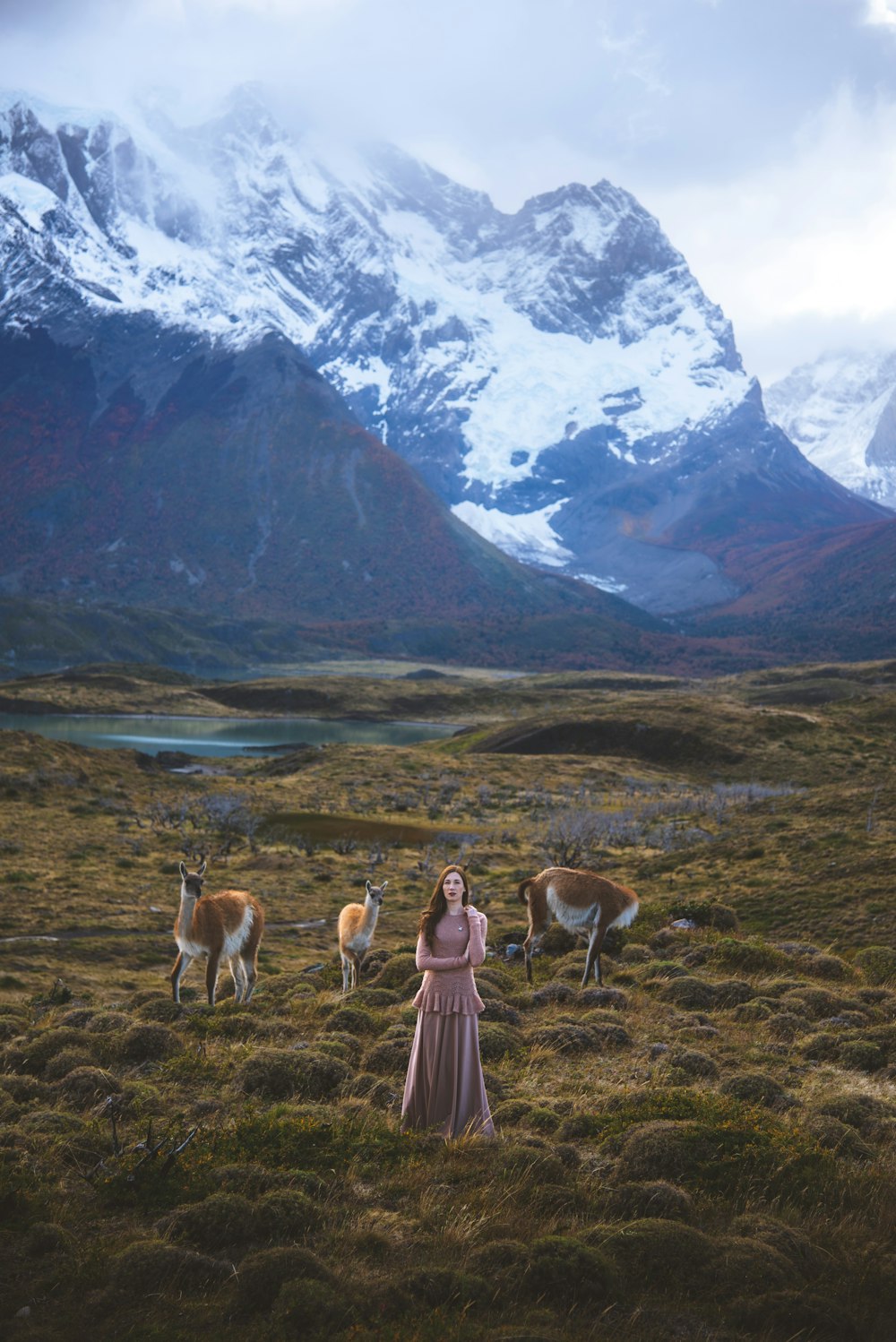 a woman standing in a field surrounded by animals