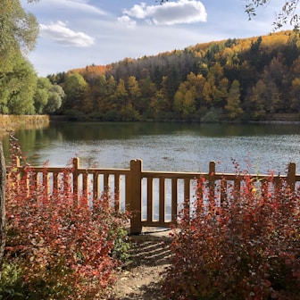 a wooden fence next to a body of water