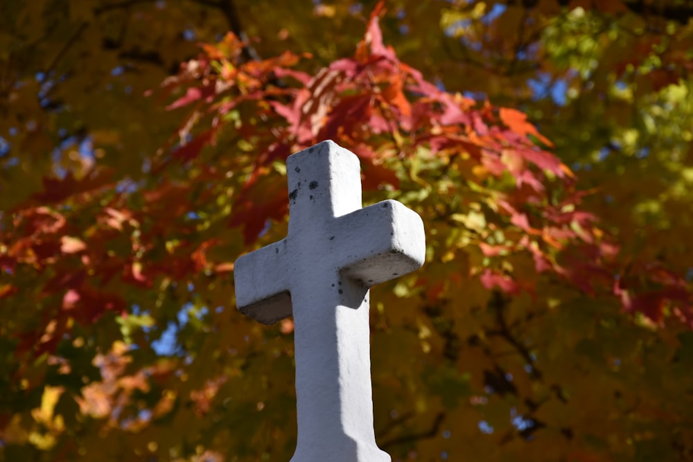 a white cross sitting in front of a tree