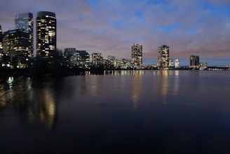 A calm Houston skyline at dusk with blue tones reflecting the brand colors.