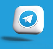 a blue and white square button with a paper airplane on it