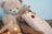 A large teddy bear and a baby dressed in a fluffy bear costume are sitting together. The baby is wrapped in a gift with polka dot wrapping paper adorned with bows, and there are warm glowing lights around.