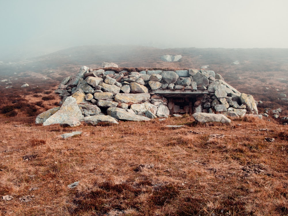 a pile of rocks sitting on top of a grass covered hillside