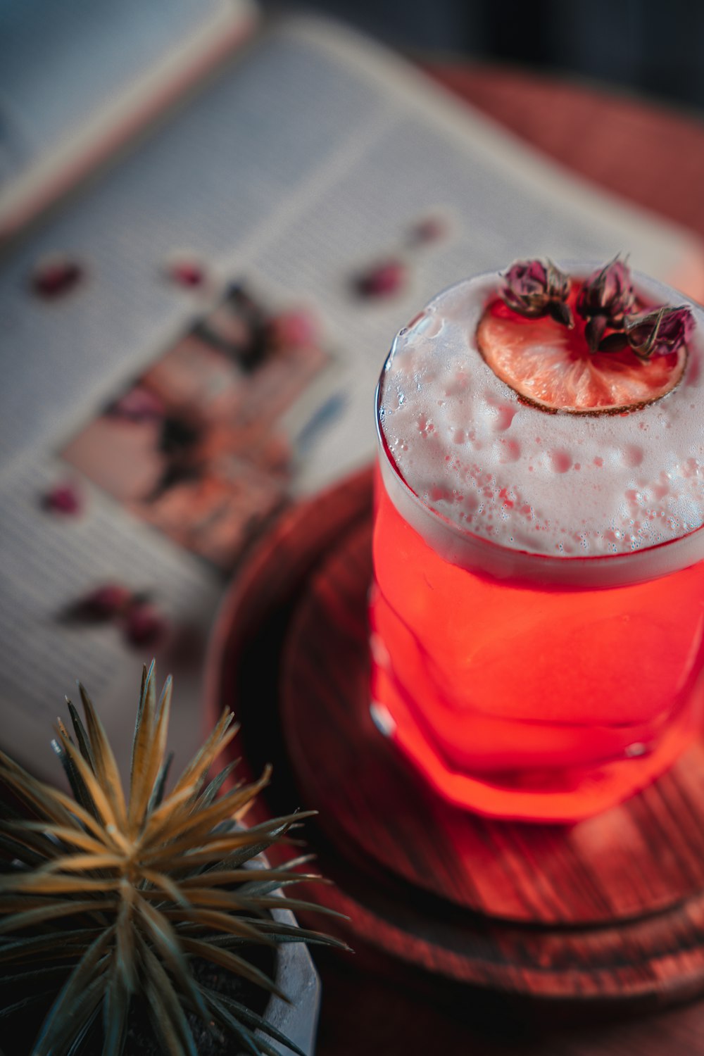 a drink on a plate next to a potted plant