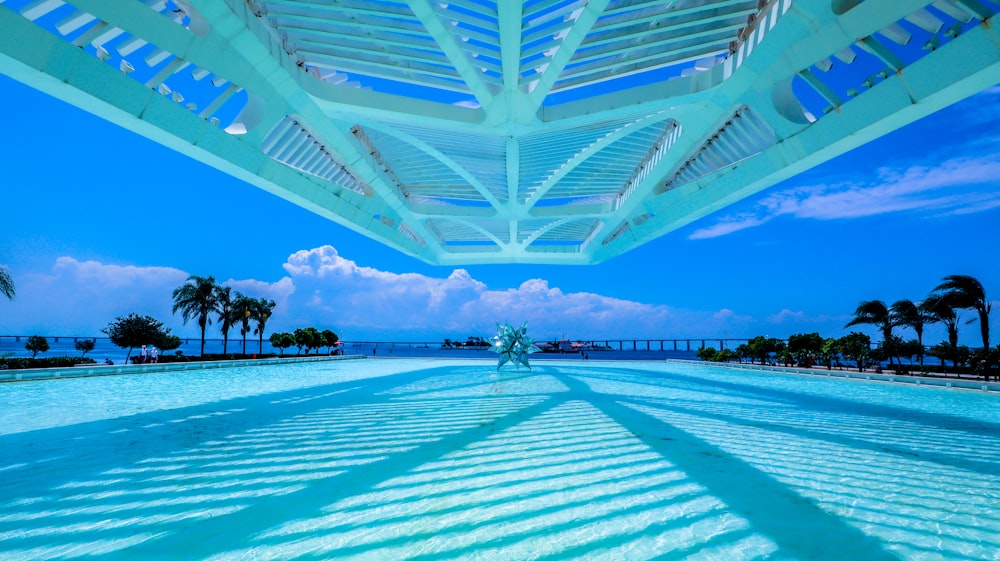 a large swimming pool surrounded by palm trees