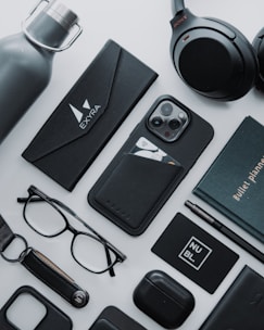 An intense product display featuring dark-themed accessories.