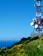 A tall red and white communication tower with multiple satellite dishes is situated on a hillside with vibrant yellow flowers and lush green vegetation, under a clear blue sky. The ocean is visible in the background beyond the hill.