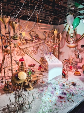 An intricate, whimsical scene filled with metallic steampunk elements, including gears, pipes, and funnels. Various colorful decorations and sparkling gems are scattered throughout. There are also brightly colored objects like balloons and confections, creating a festive atmosphere.