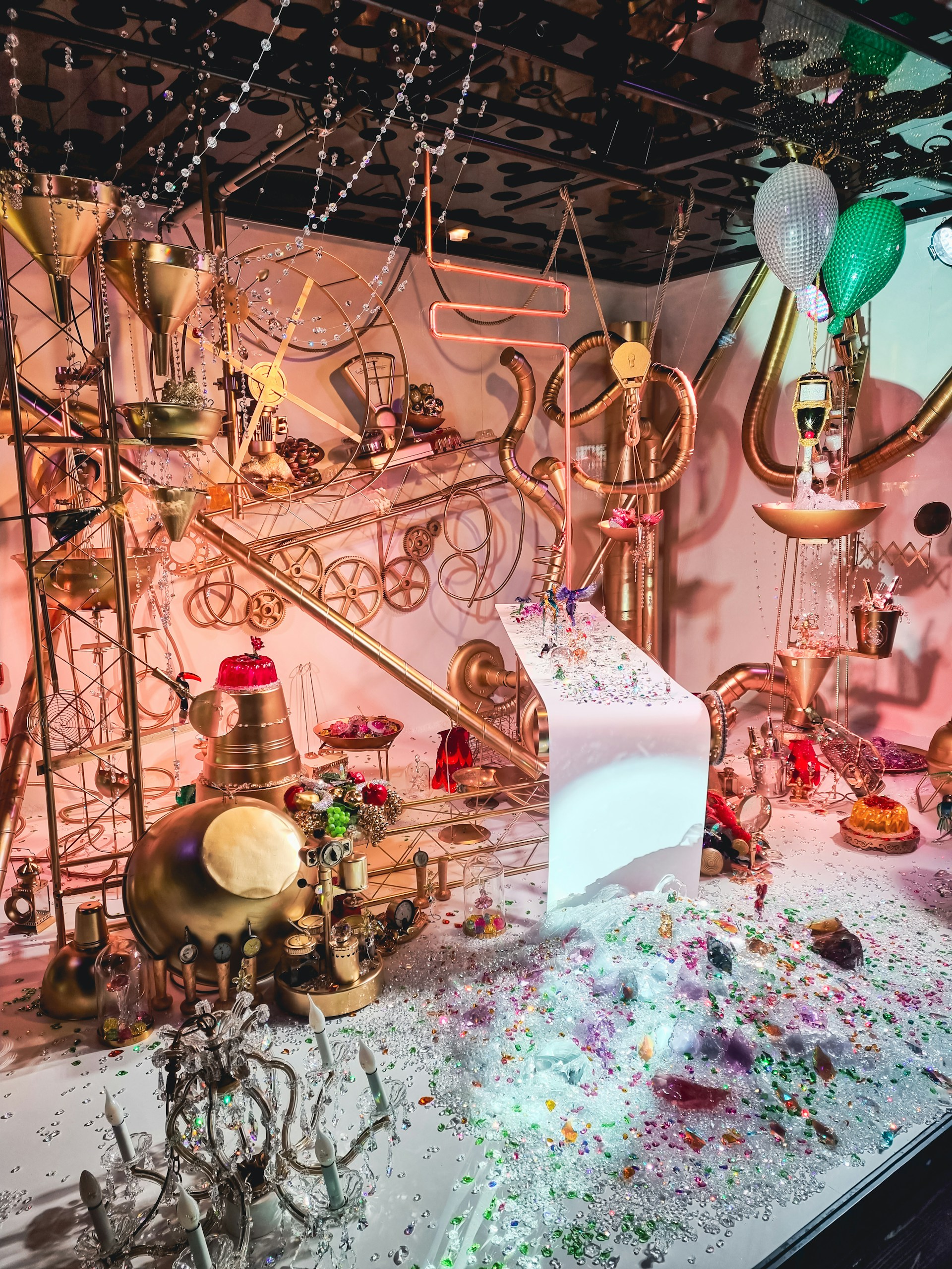 A detailed steampunk cityscape with intricate gears and airships floating above.