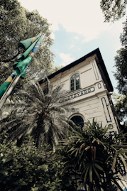 a tall white building sitting next to a lush green forest