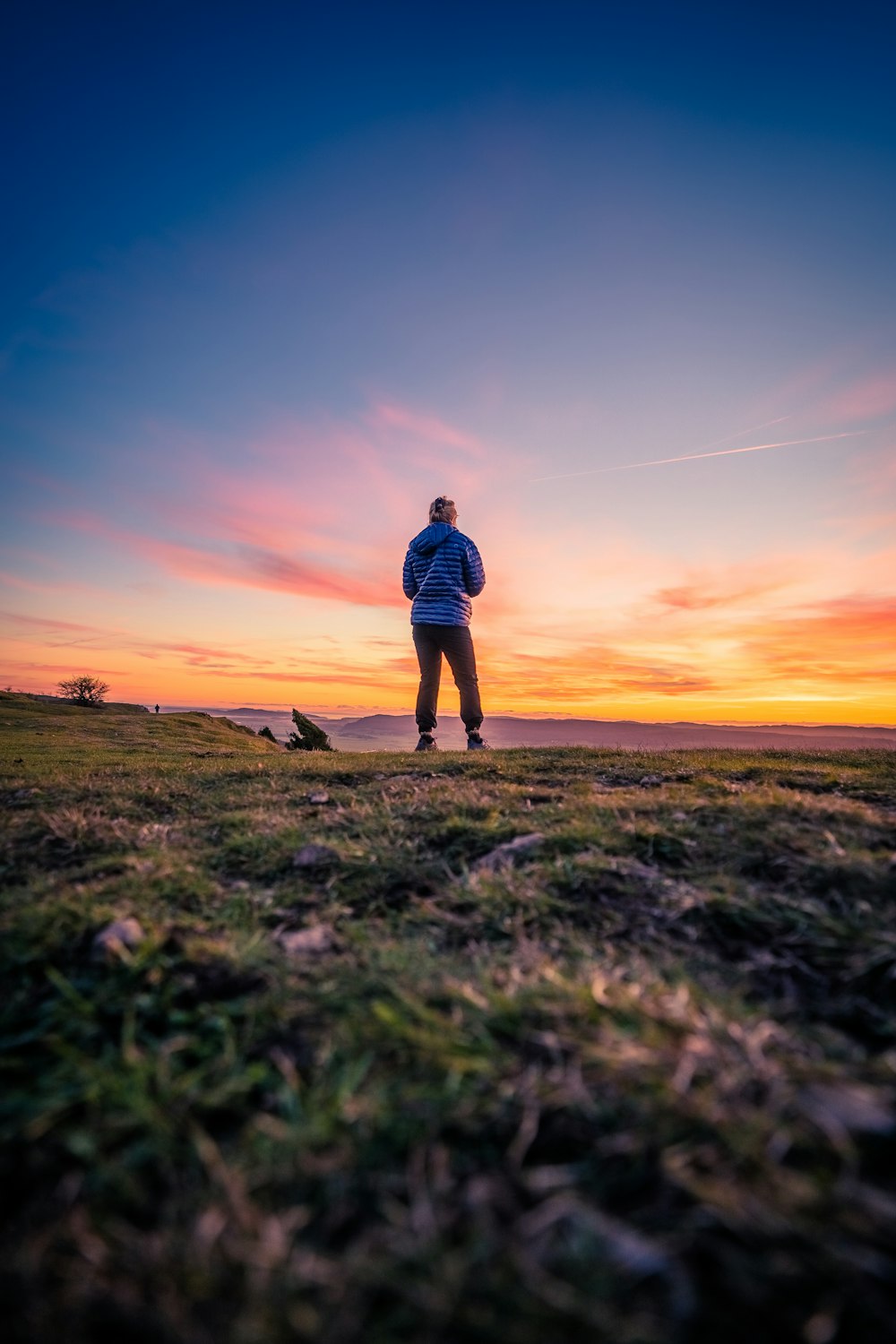 a man standing on top of a lush green field