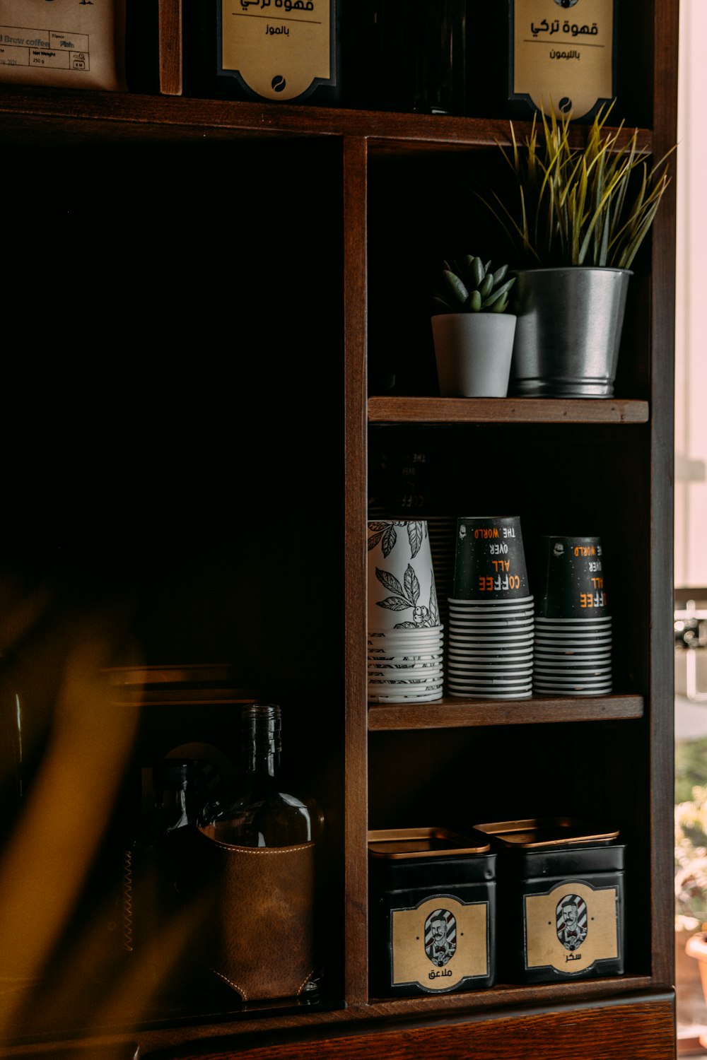 a shelf with a potted plant on top of it