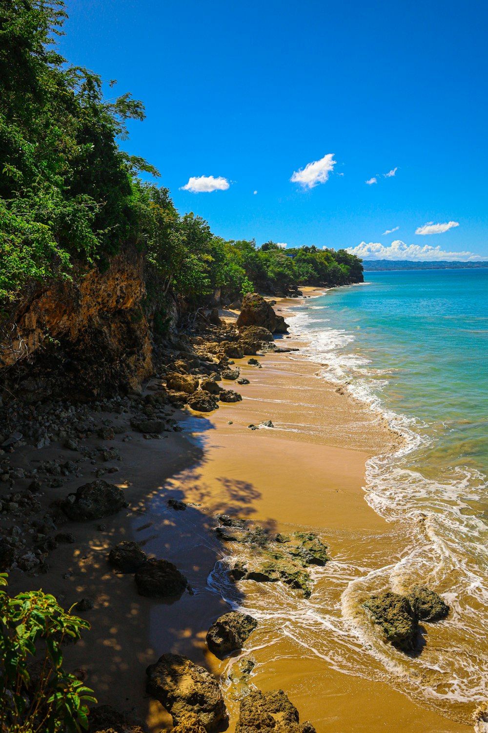 a sandy beach next to the ocean under a blue sky