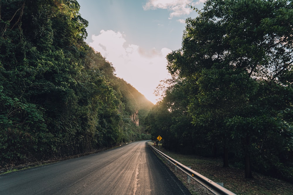 the sun is shining through the trees on the side of the road