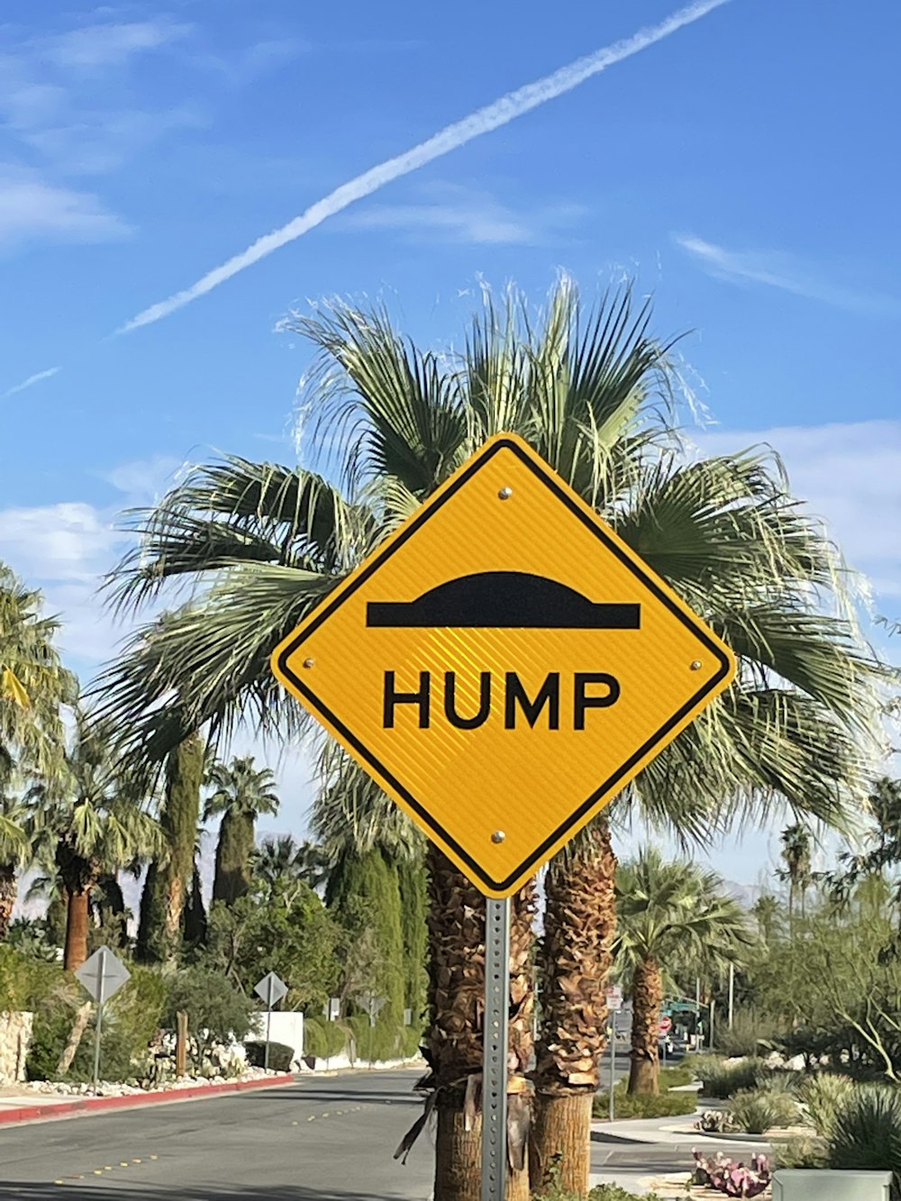 a yellow hump sign sitting on the side of a road