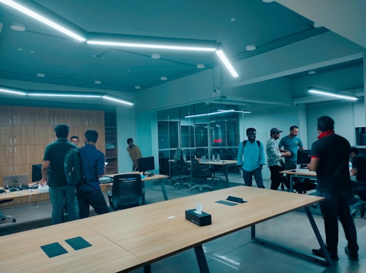 A modern office space with a team collaborating on marketing strategies.