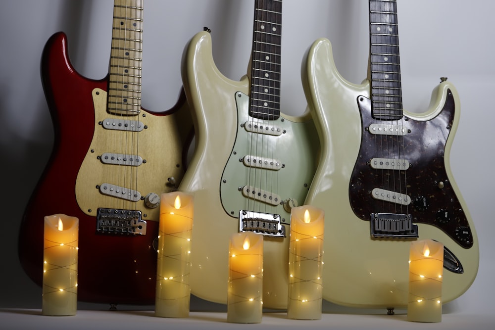 a group of guitars sitting next to each other