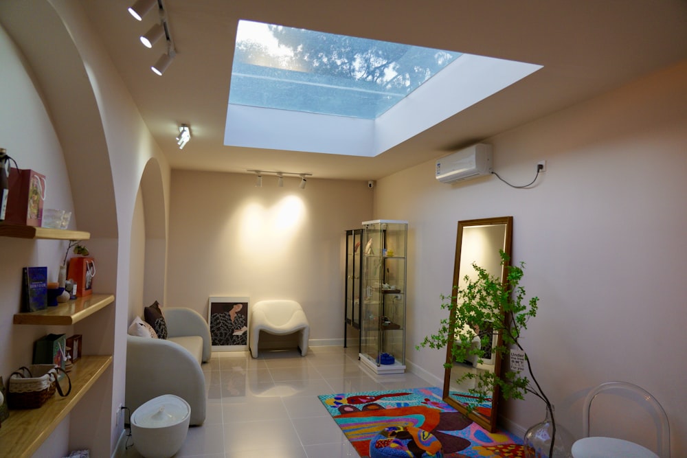 a room with a skylight and a rug on the floor