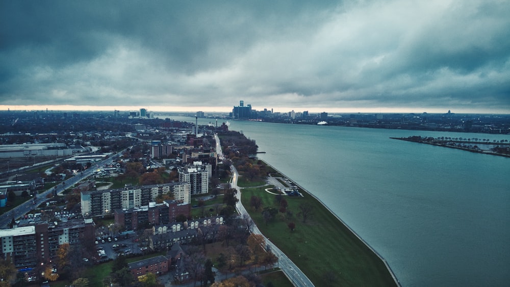 an aerial view of a large body of water