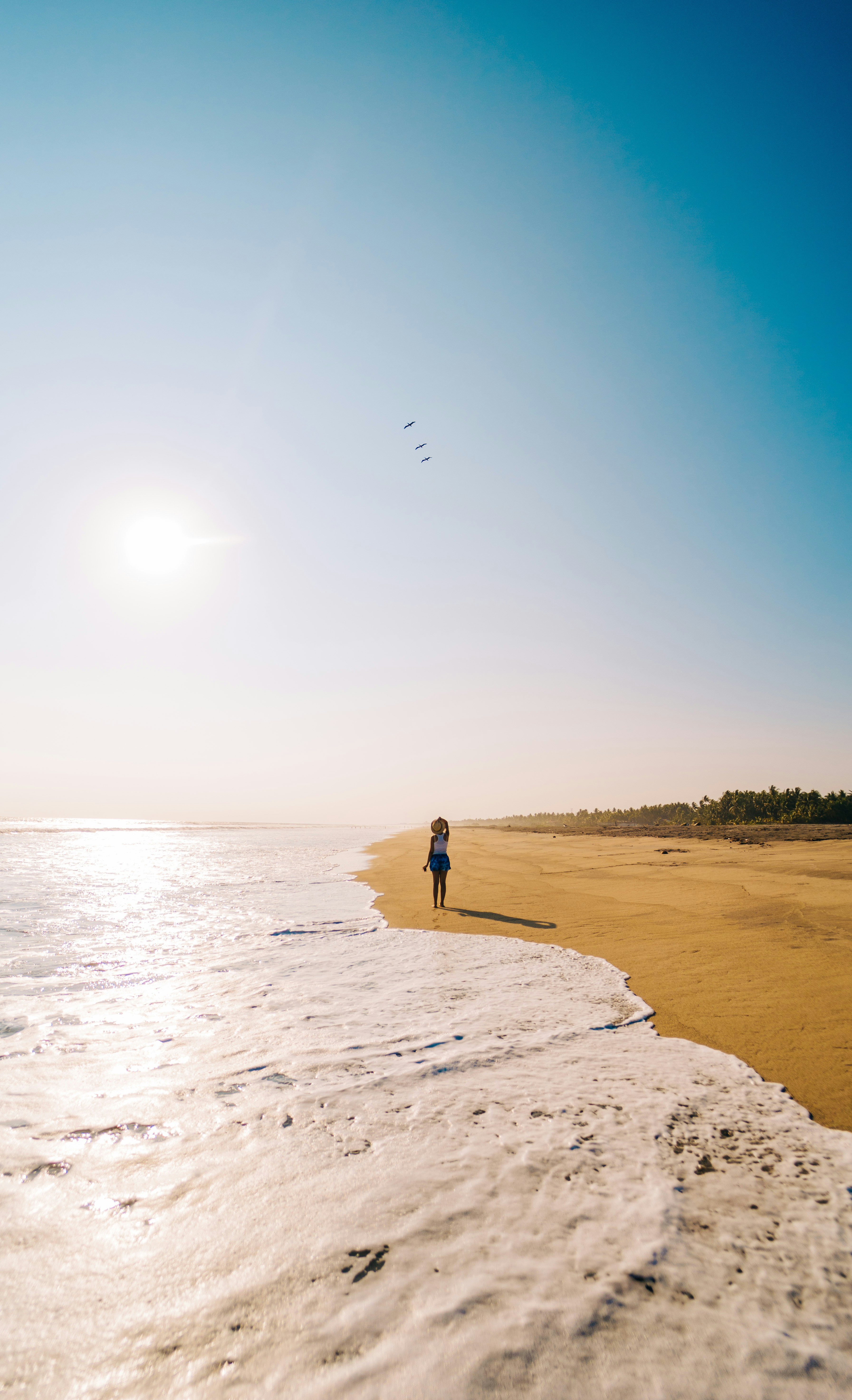 Una persona in piedi su una spiaggia vicino all'oceano