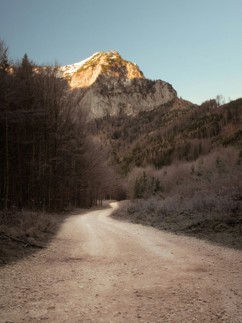 a dirt road with a mountain in the background